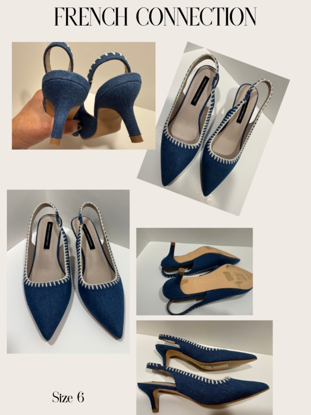 French Connection Quinn Denim Whipstitch Slingback Kitten Heels Pumps Size 6
